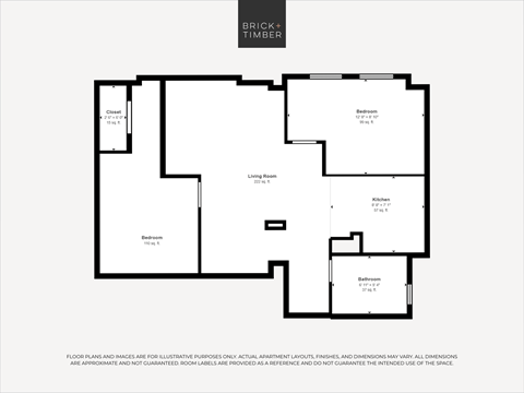 Floor plan for 2 beds, 1 bath, 586 sqft